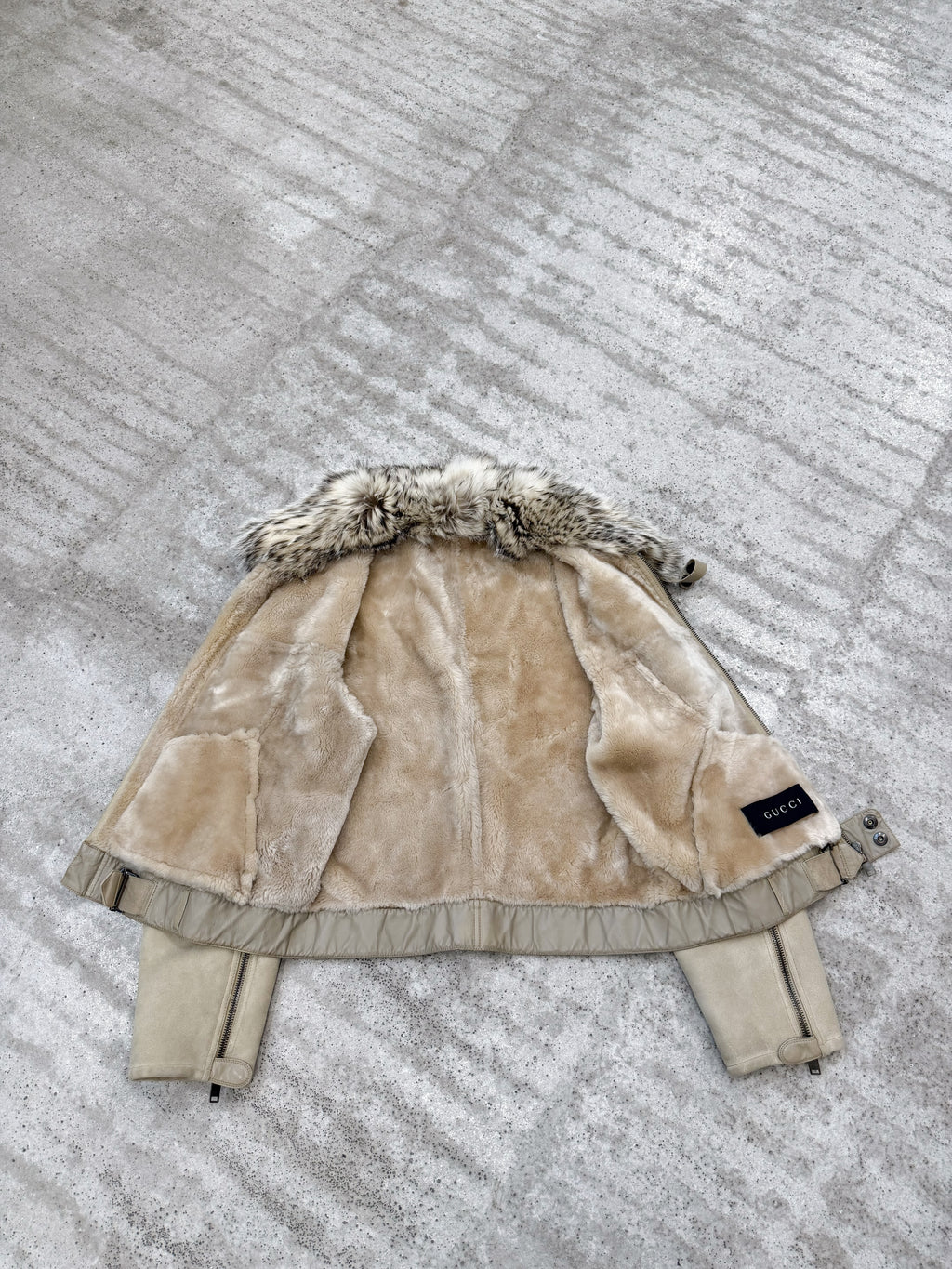AW2002 Gucci by Tom Ford WW2 shearling flight jacket with fox collar.