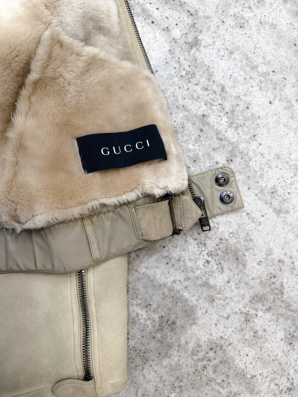 AW2002 Gucci by Tom Ford WW2 shearling flight jacket with fox collar.