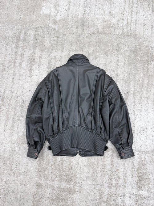 1980's Issey Miyake Faux-Layered Leather Jacket With Adjustable Side Buckles And Leather Ribbing