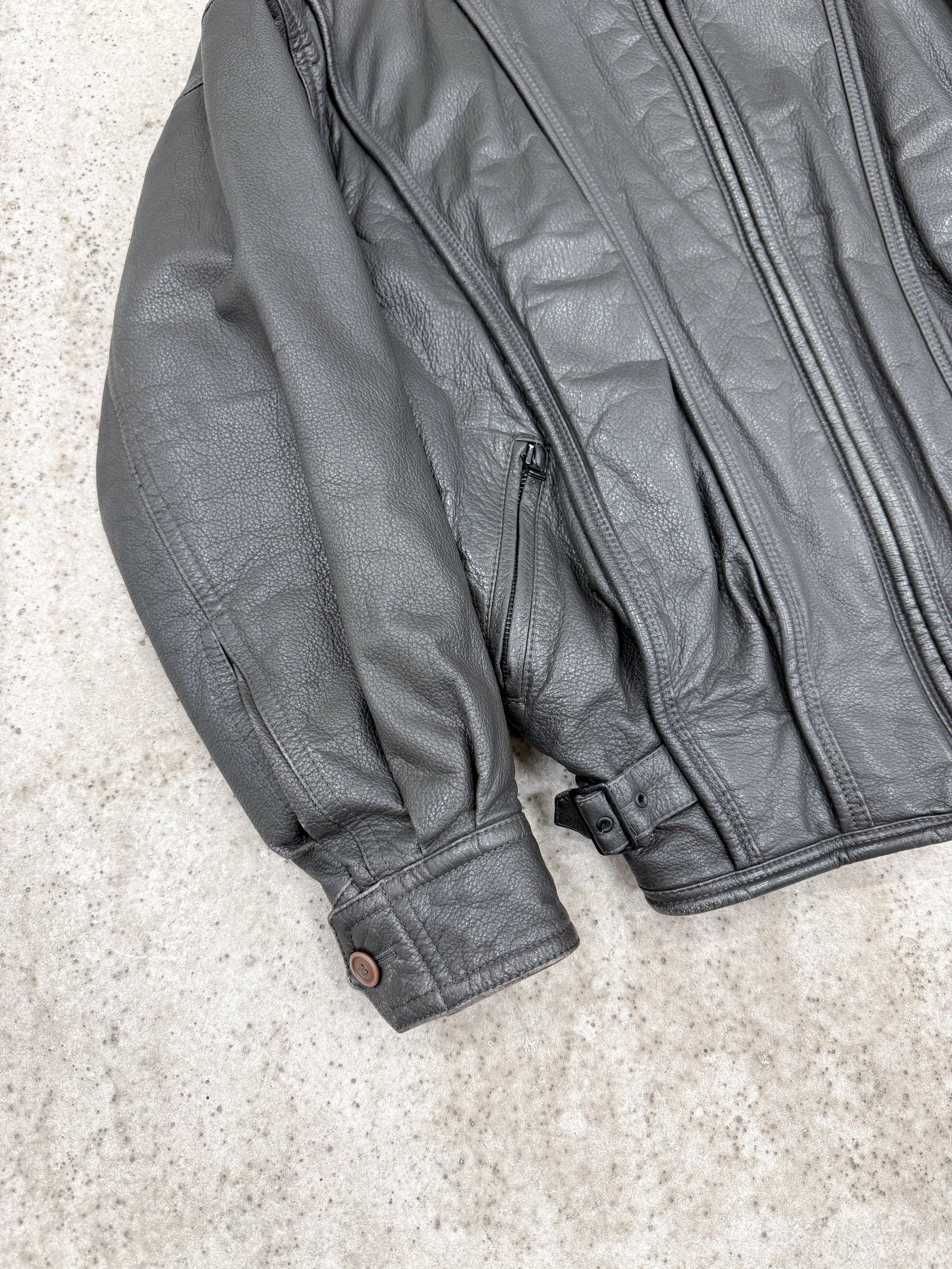 1980's Issey Miyake Faux-Layered Leather Jacket With Adjustable Side Buckles And Leather Ribbing
