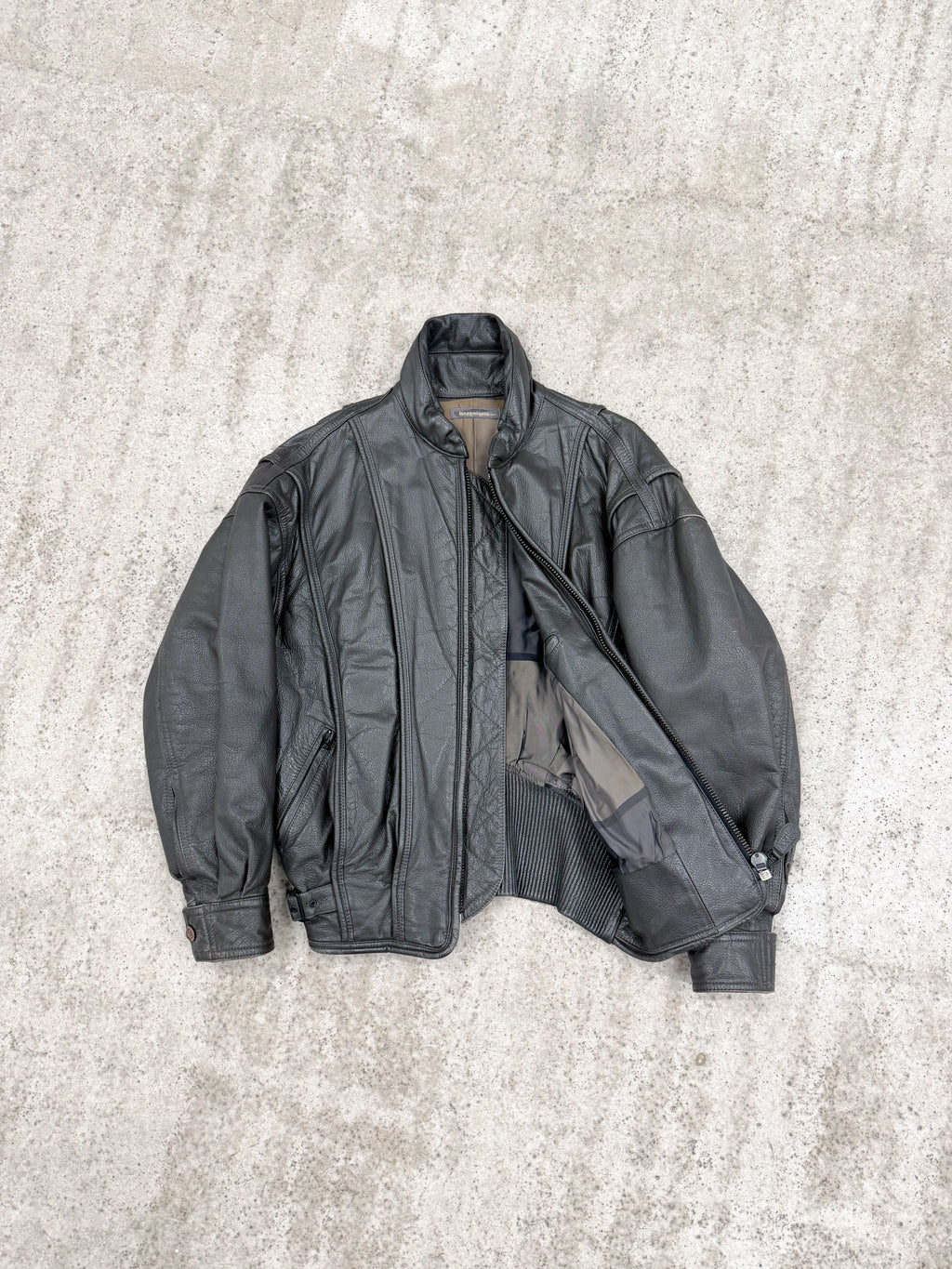 1980's Issey Miyake Faux-Layered Leather Jacket With Adjustable Side Buckles And Leather Ribbing