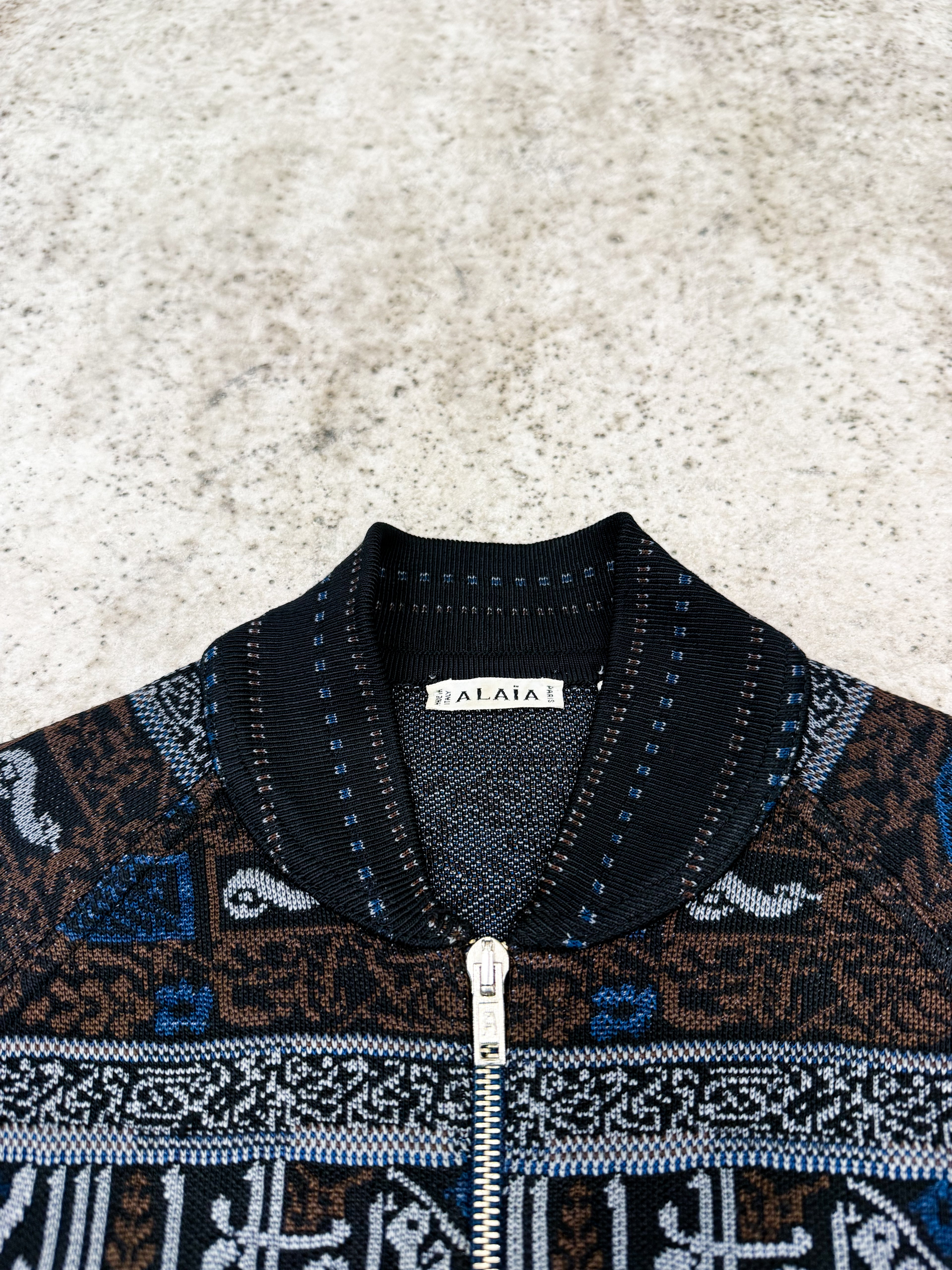 FW1990 Alaïa Jacquard Kufi Arabic Print Rayon Cardigan/Light Bomber