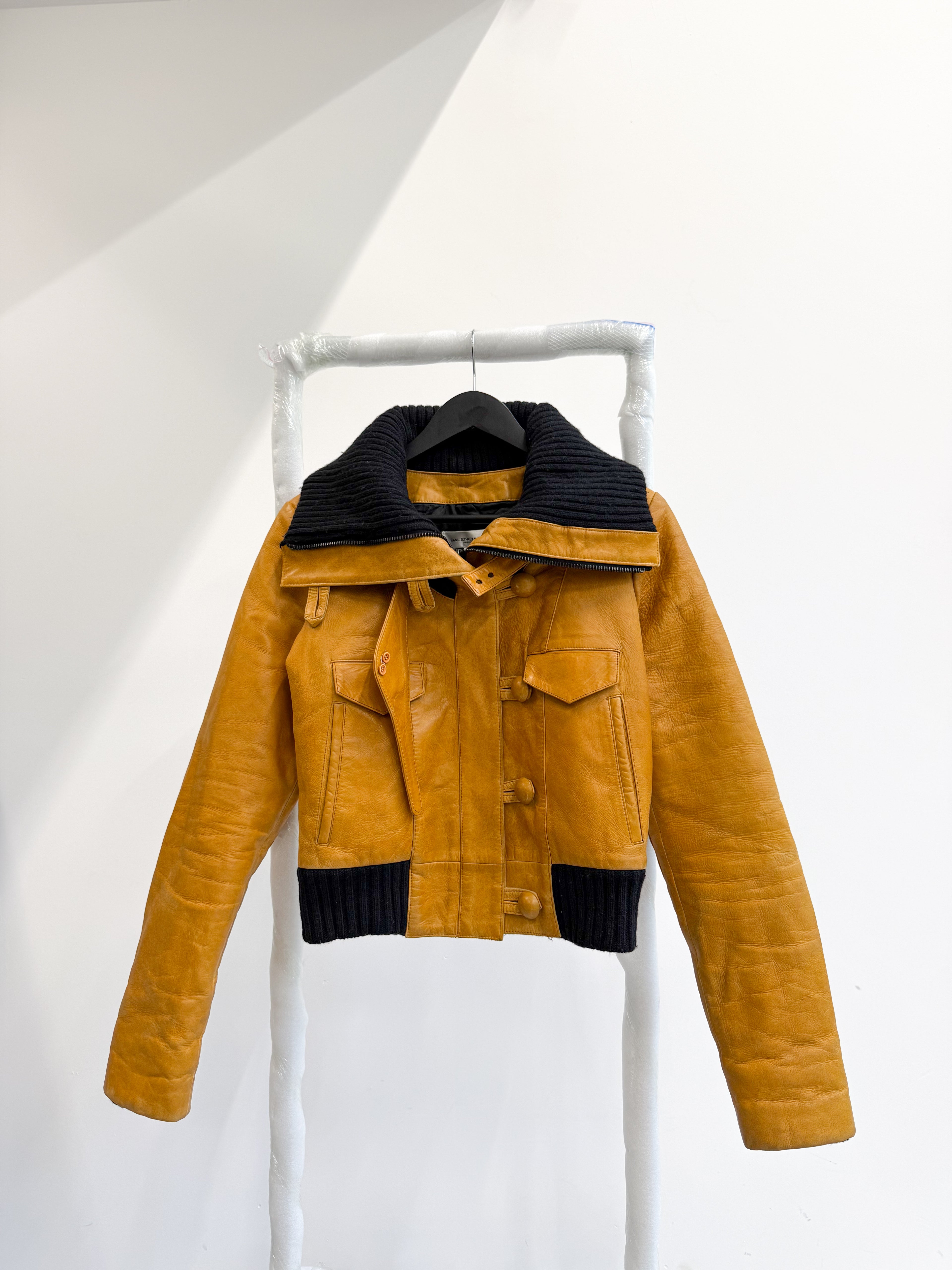 AW2002 Balenciaga by Nicolas Ghesquière Wool High-Neck Leather Jacket