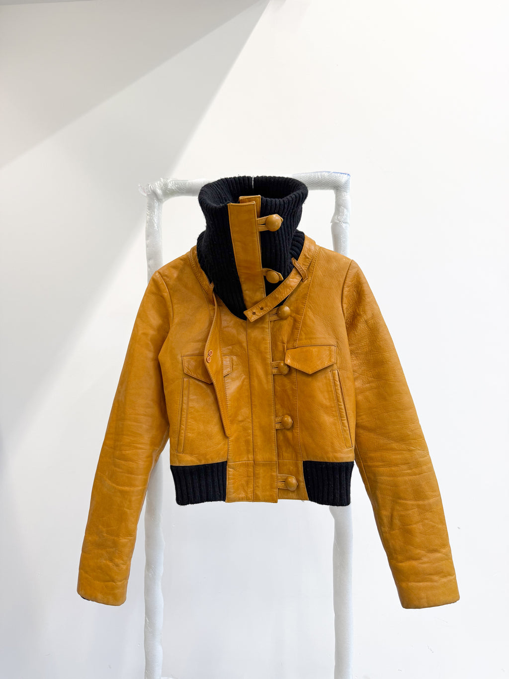 AW2002 Balenciaga by Nicolas Ghesquière Wool High-Neck Leather Jacket