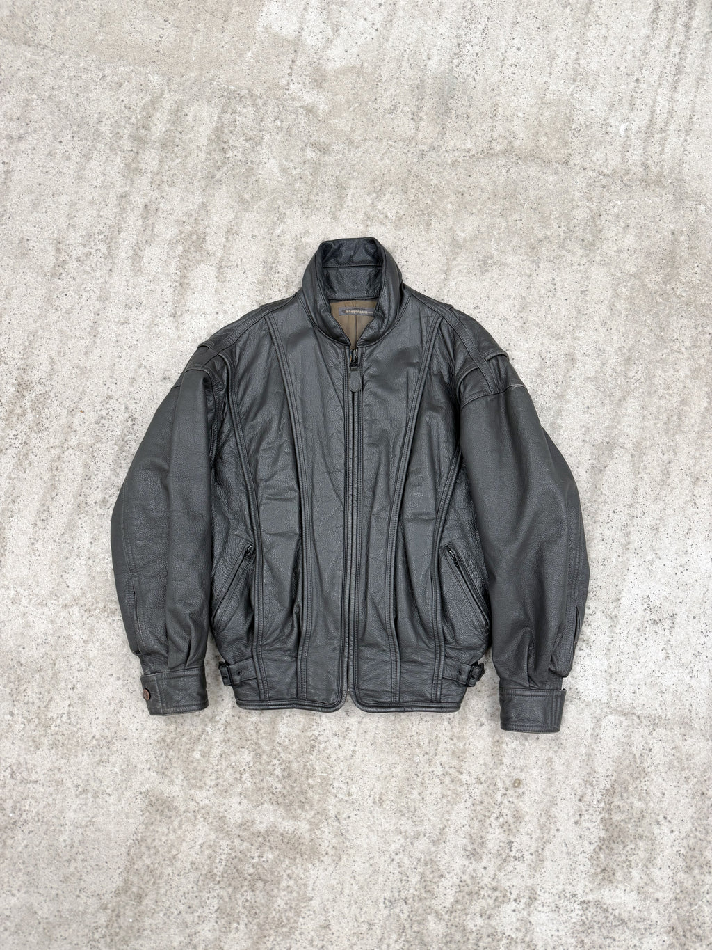 1980's Issey Miyake Faux-Layered Leather Jacket With Adjustable Side Buckles And Leather Ribbing