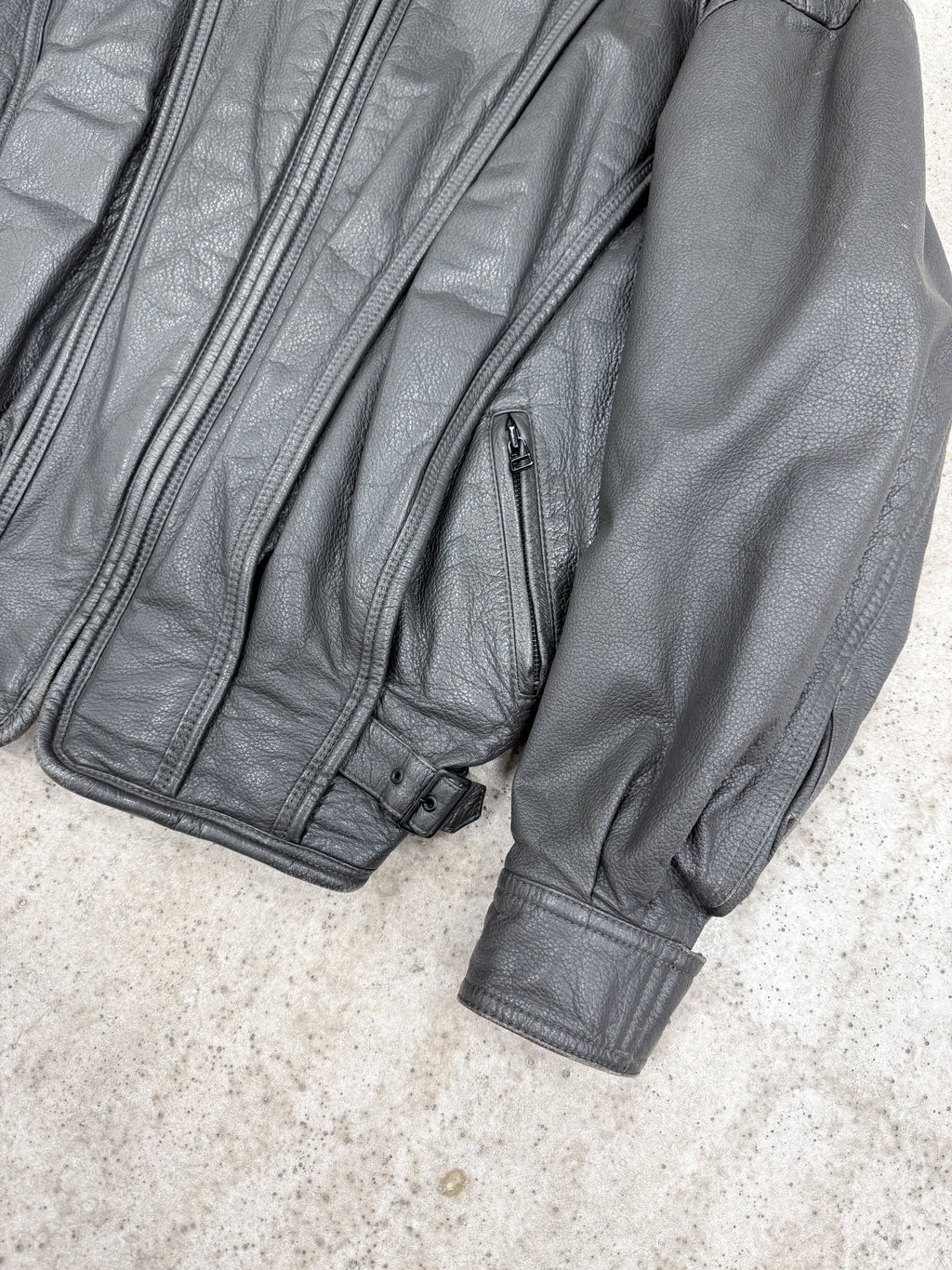 1980's Issey Miyake Faux-Layered Leather Jacket With Adjustable Side Buckles And Leather Ribbing