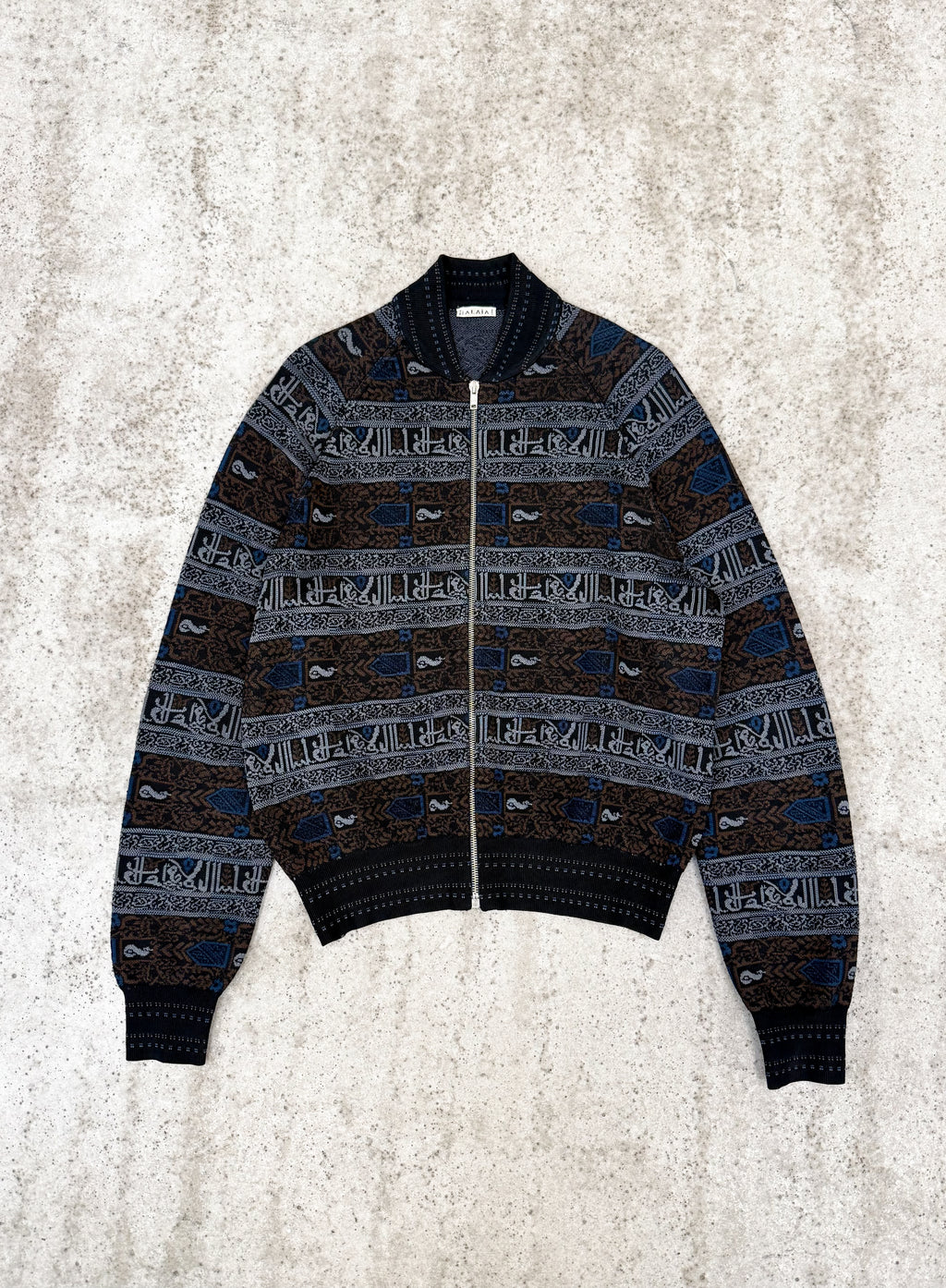 FW1990 Alaïa Jacquard Kufi Arabic Print Rayon Cardigan/Light Bomber