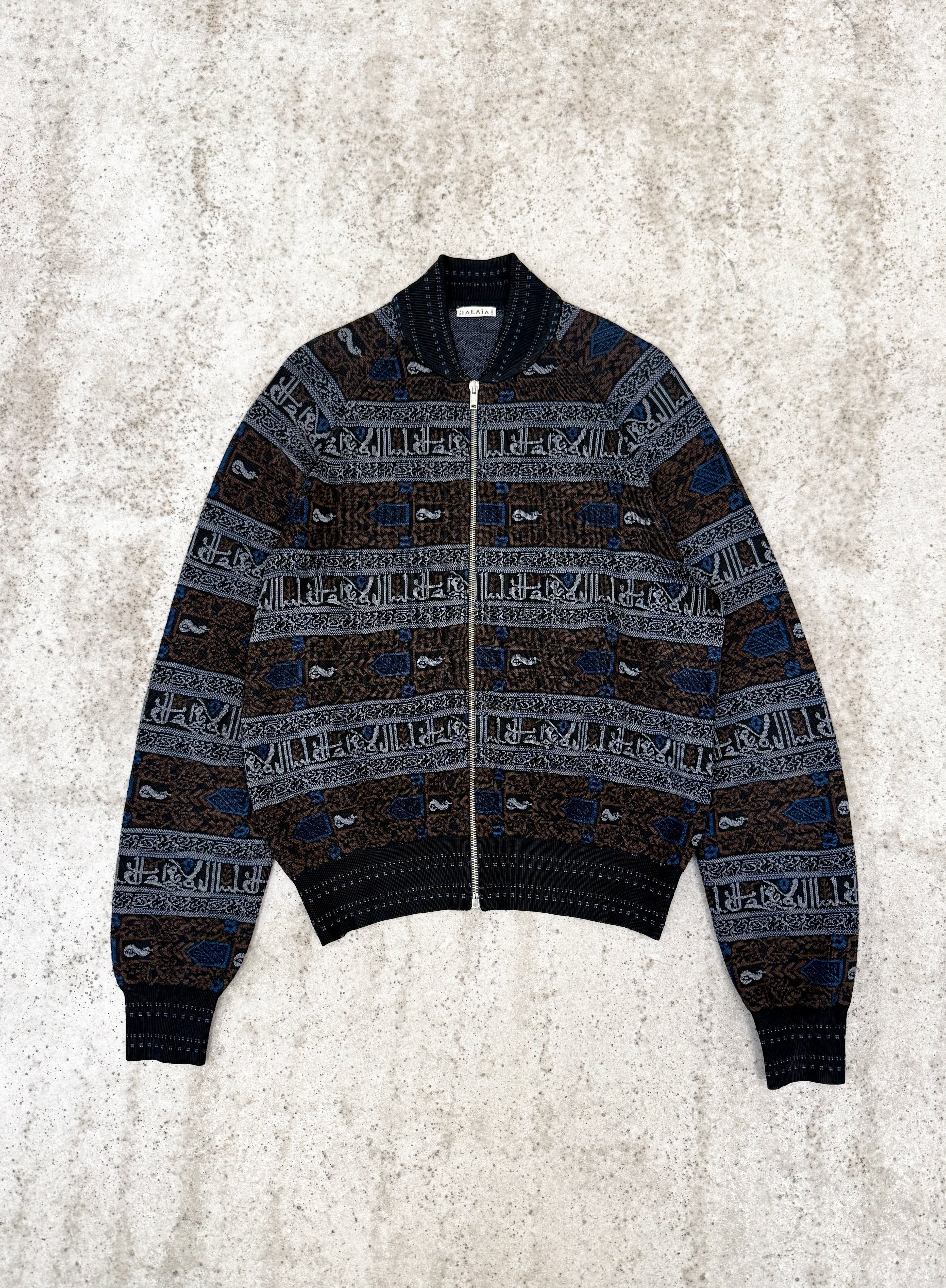 FW1990 Alaïa Jacquard Kufi Arabic Print Rayon Cardigan/Light Bomber