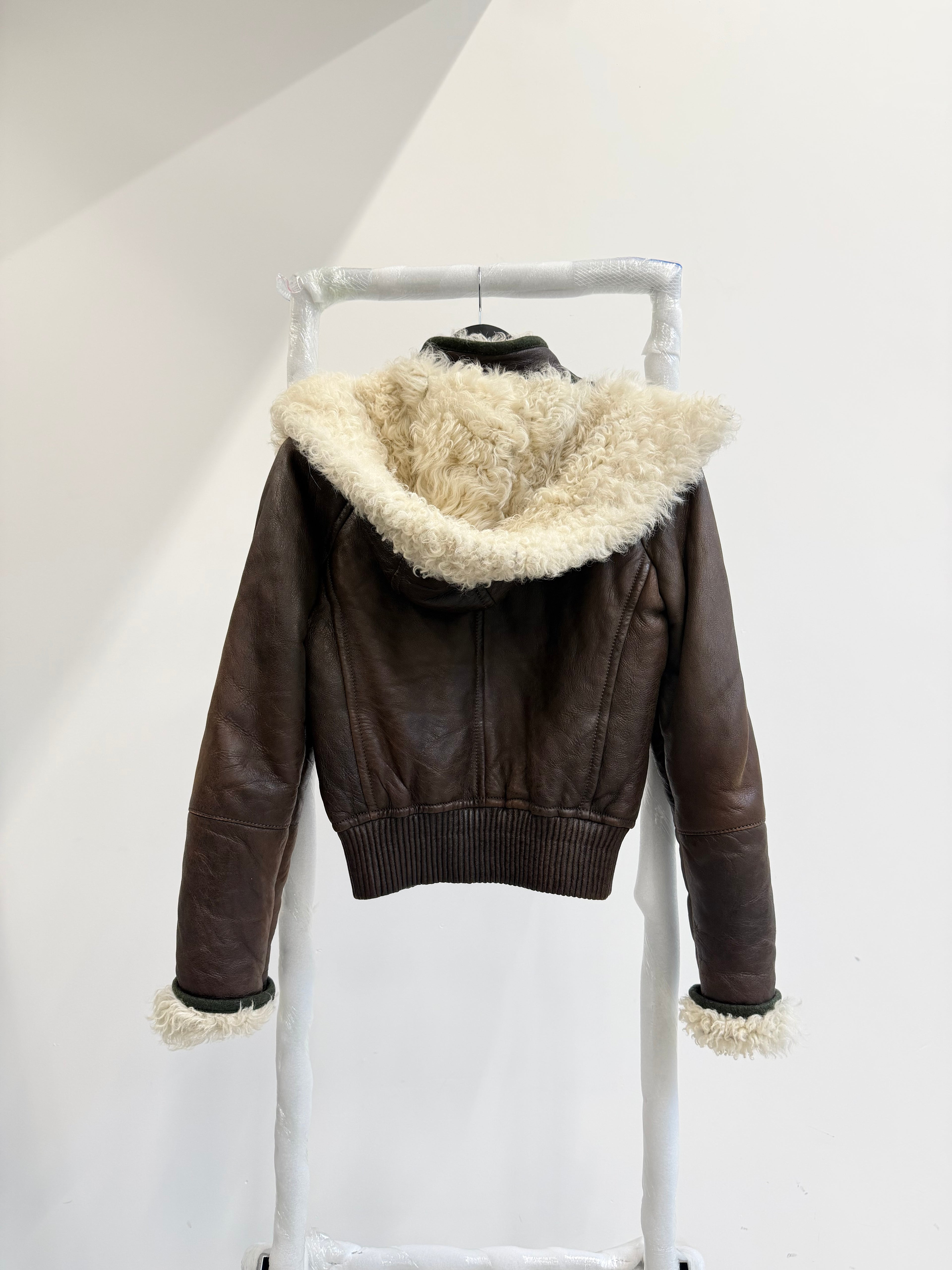 2000's Gucci by Tom Ford Mongolian Lamb Mini Flight Jacket With Removable Hood And Cashmere Piping