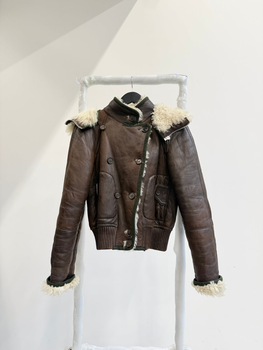 2000's Gucci by Tom Ford Mongolian Lamb Mini Flight Jacket With Removable Hood And Cashmere Piping