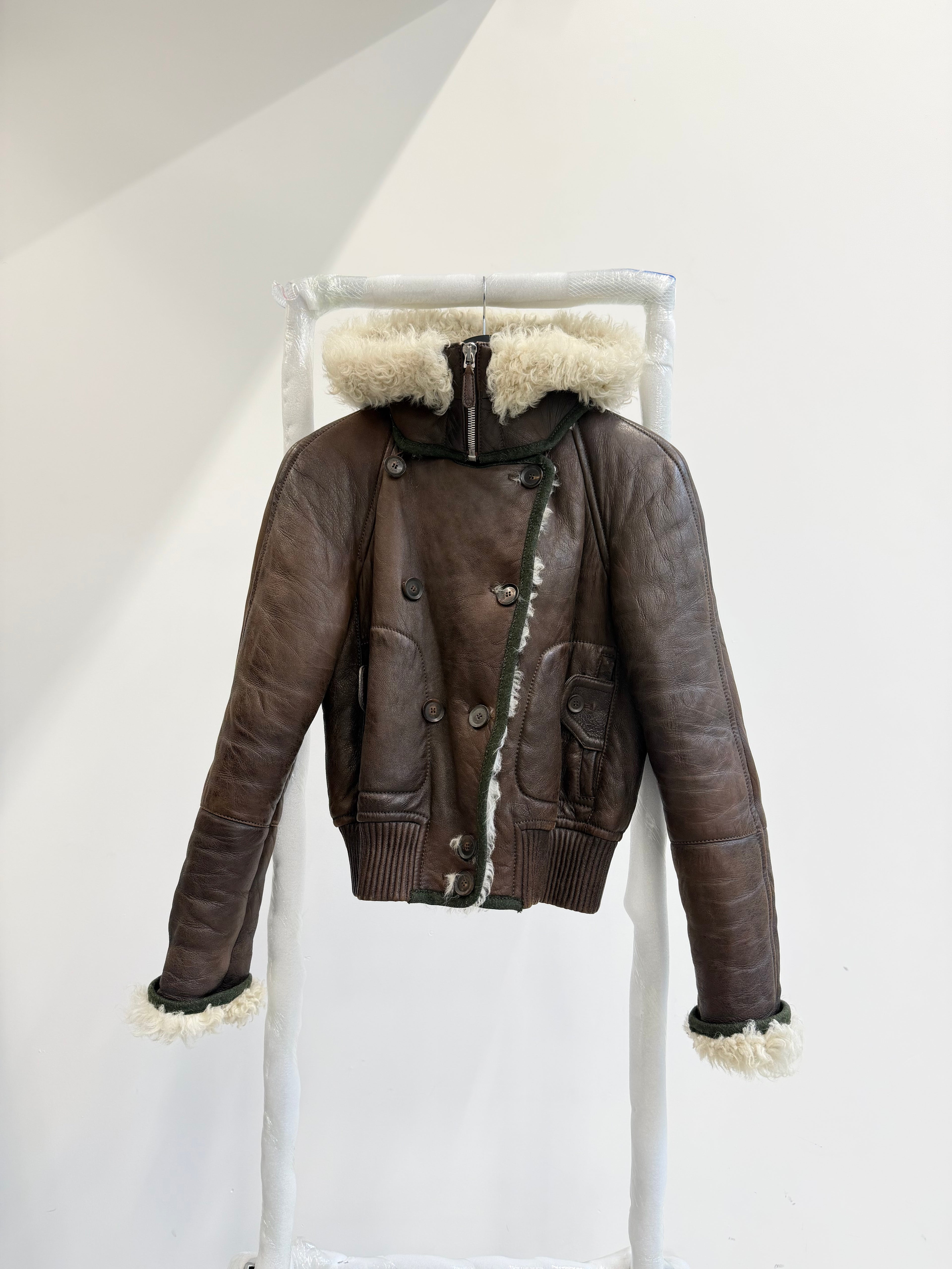 2000's Gucci by Tom Ford Mongolian Lamb Mini Flight Jacket With Removable Hood And Cashmere Piping