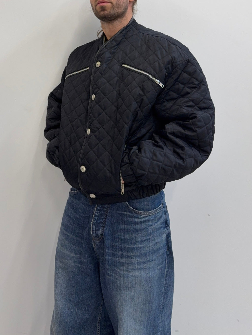 1980's Thierry Mugler Diamond-Quilted Nylon Bomber Jacket With Leather Trim