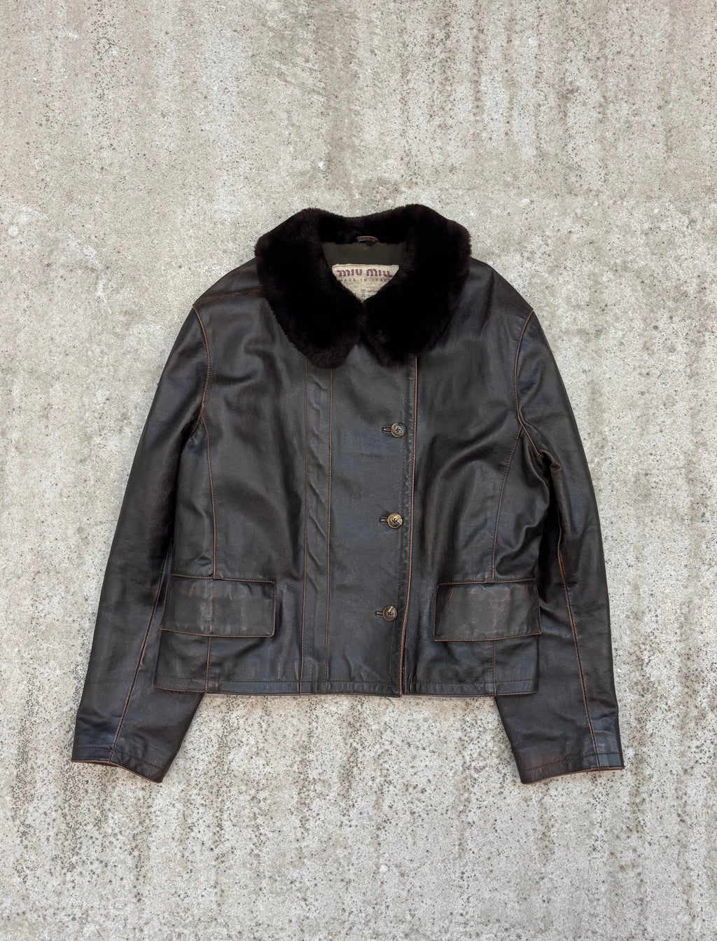 FW1994 Miu Miu brown Patent Leather Military Jacket With Faux-Fur Collar