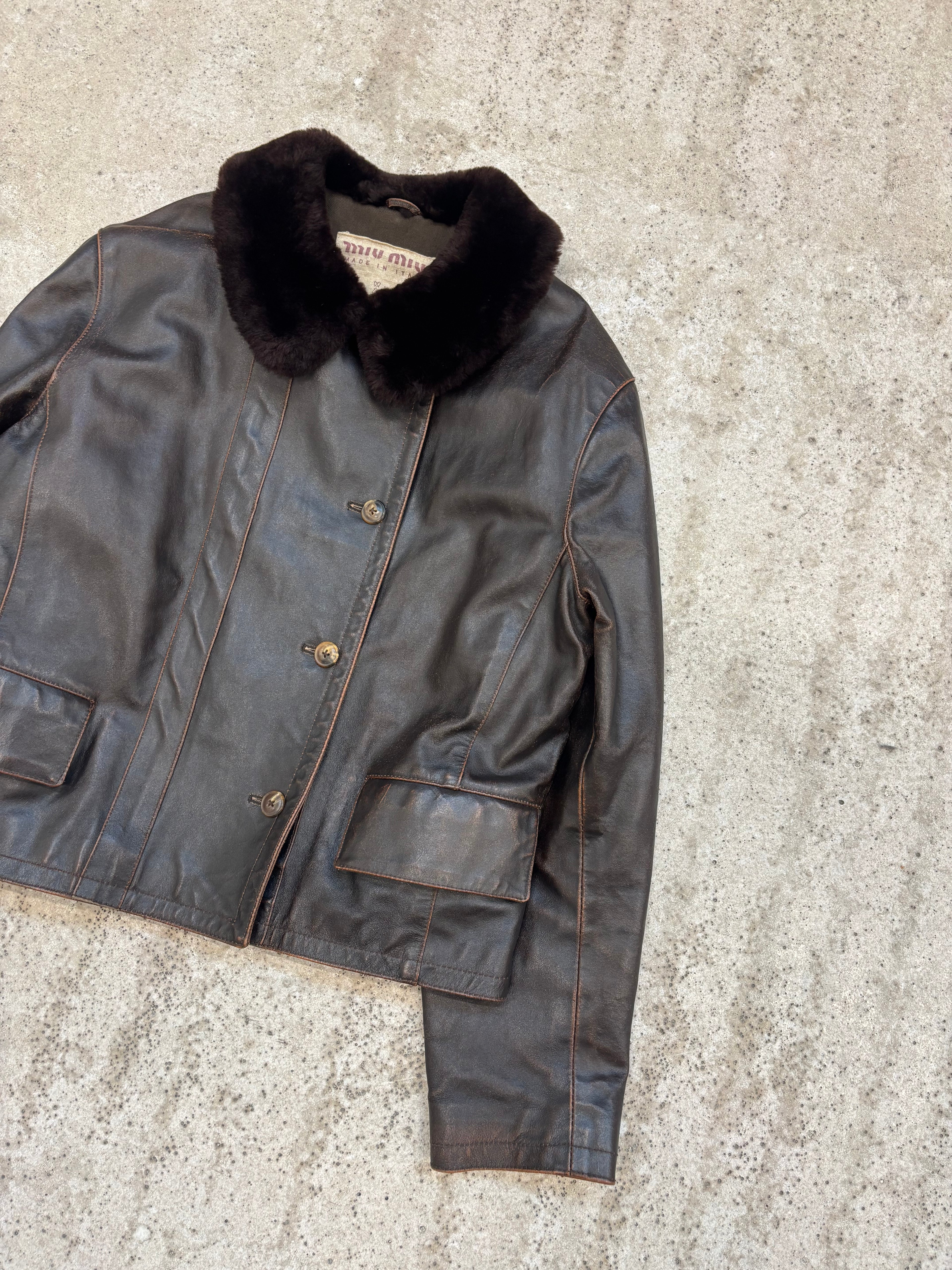 FW1994 Miu Miu brown Patent Leather Military Jacket With Faux-Fur Collar