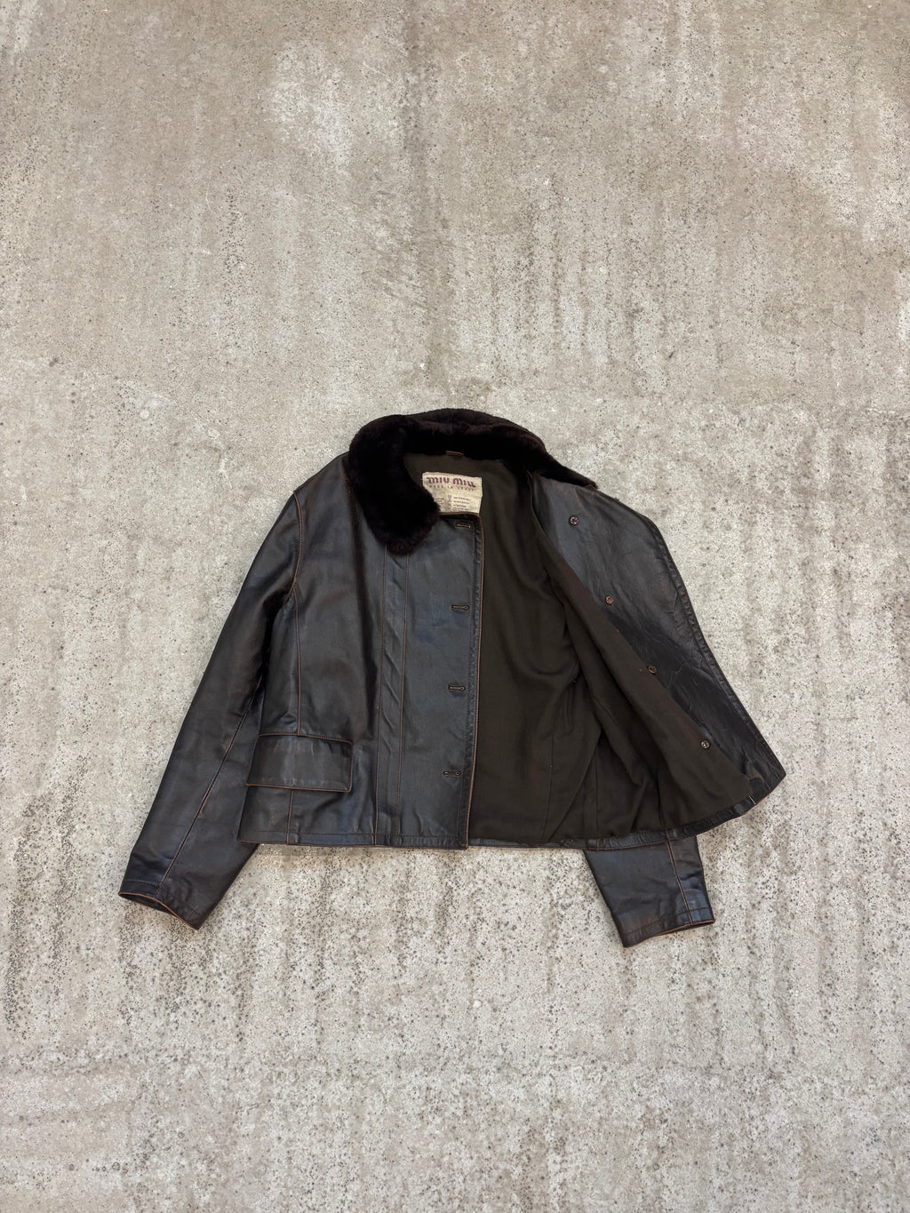 FW1994 Miu Miu brown Patent Leather Military Jacket With Faux-Fur Collar