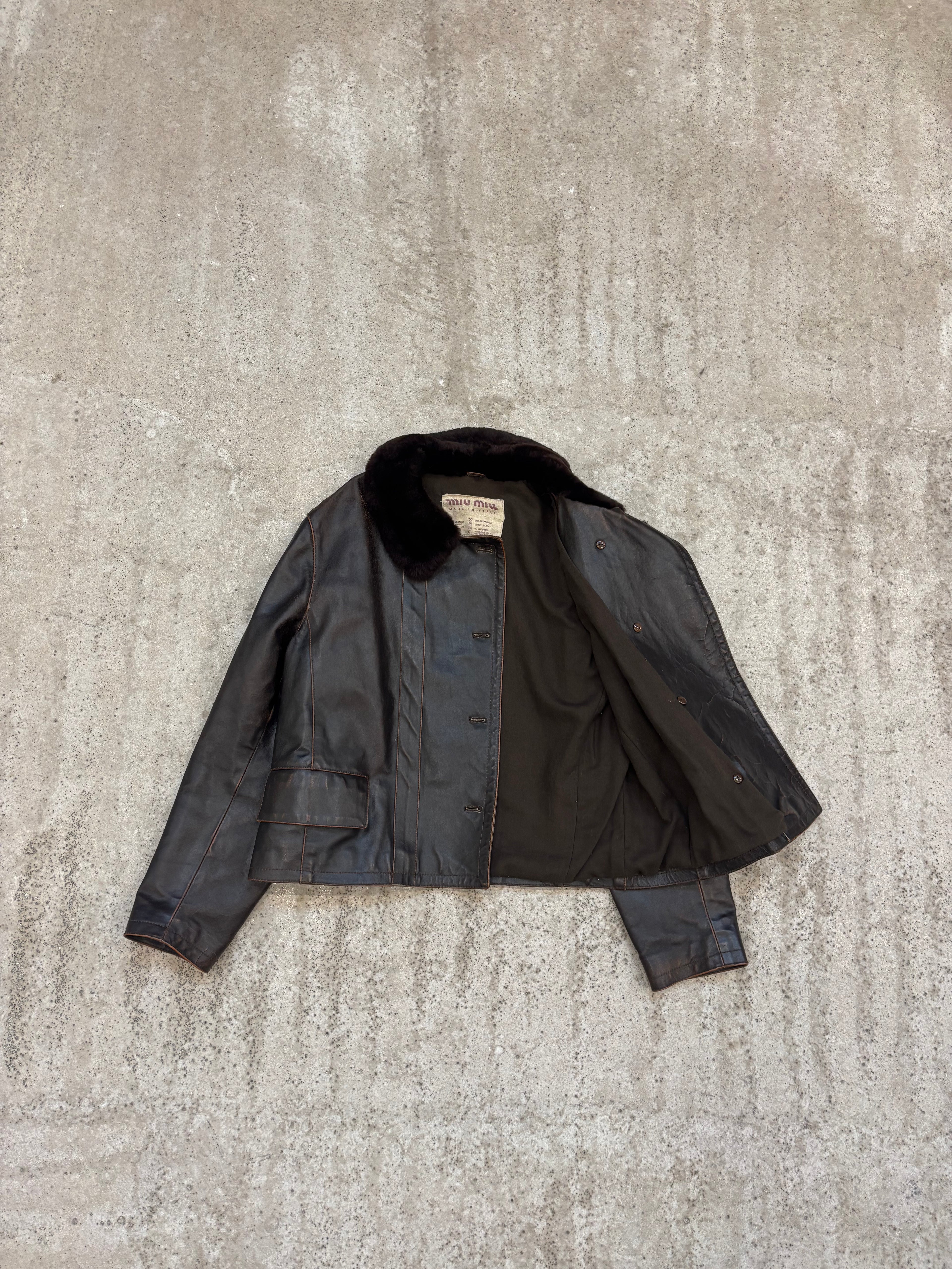 FW1994 Miu Miu brown Patent Leather Military Jacket With Faux-Fur Collar