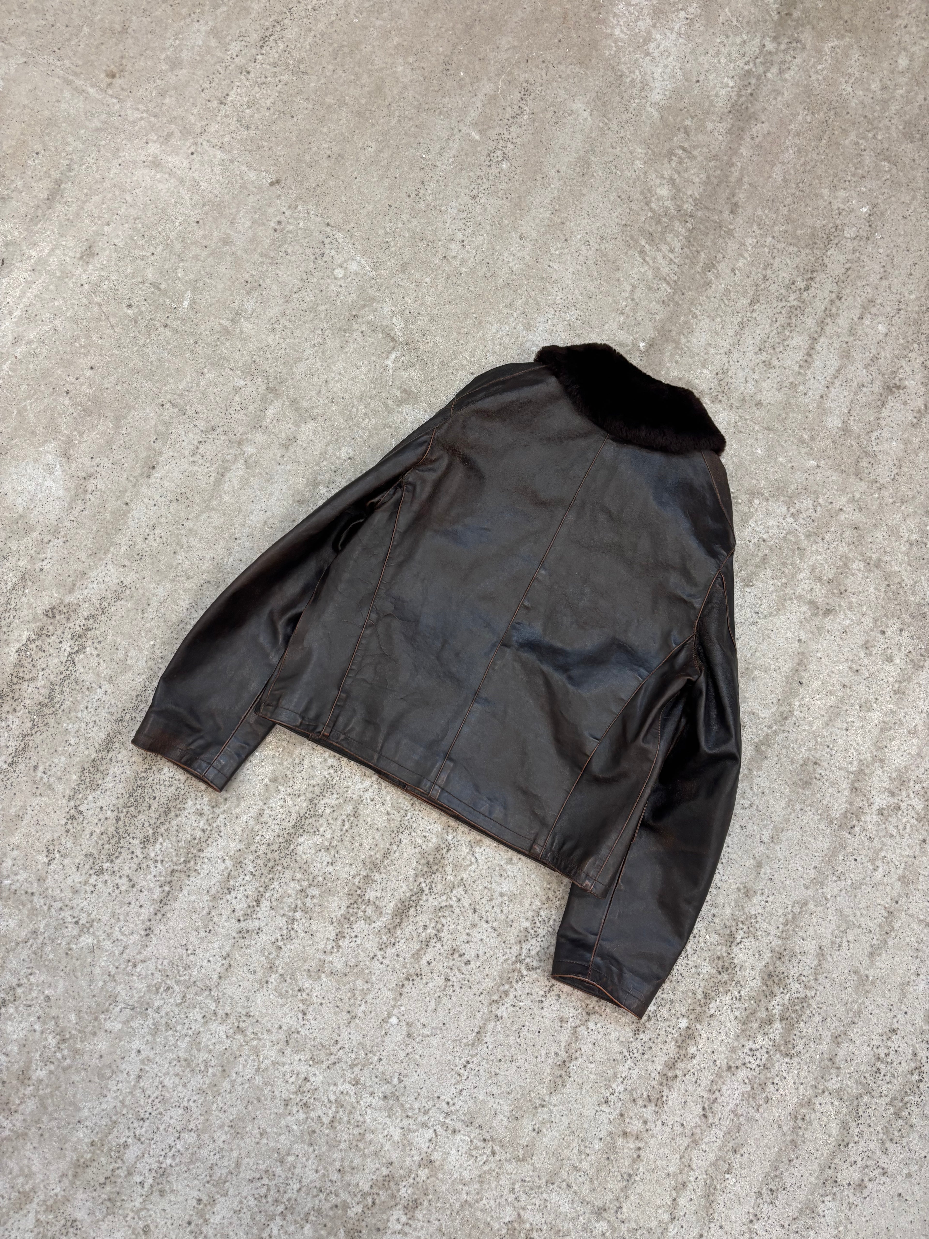 FW1994 Miu Miu brown Patent Leather Military Jacket With Faux-Fur Collar