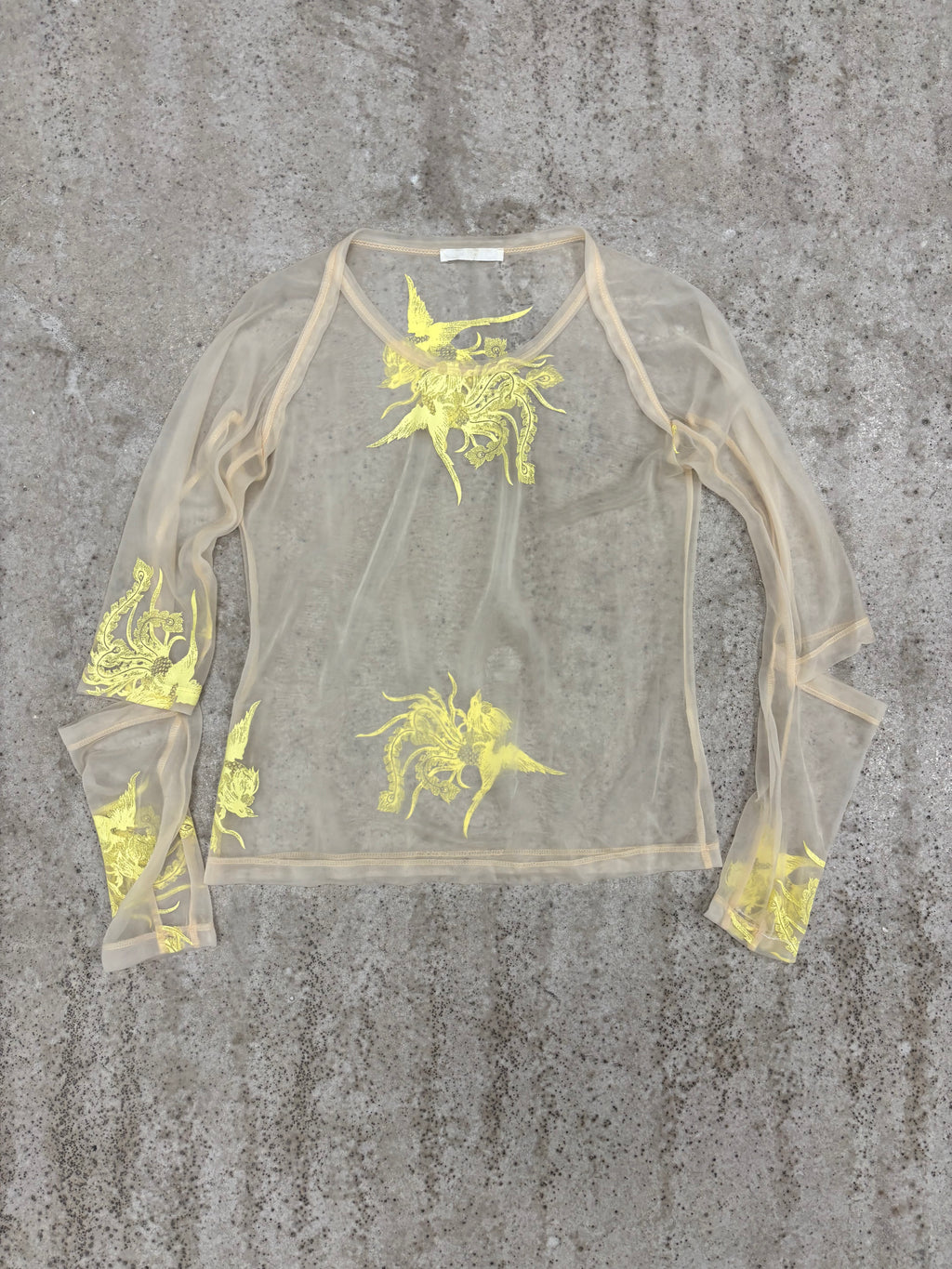 1995 Helmut Lang Phoenix Print Sheer Top with Slashed Elbows