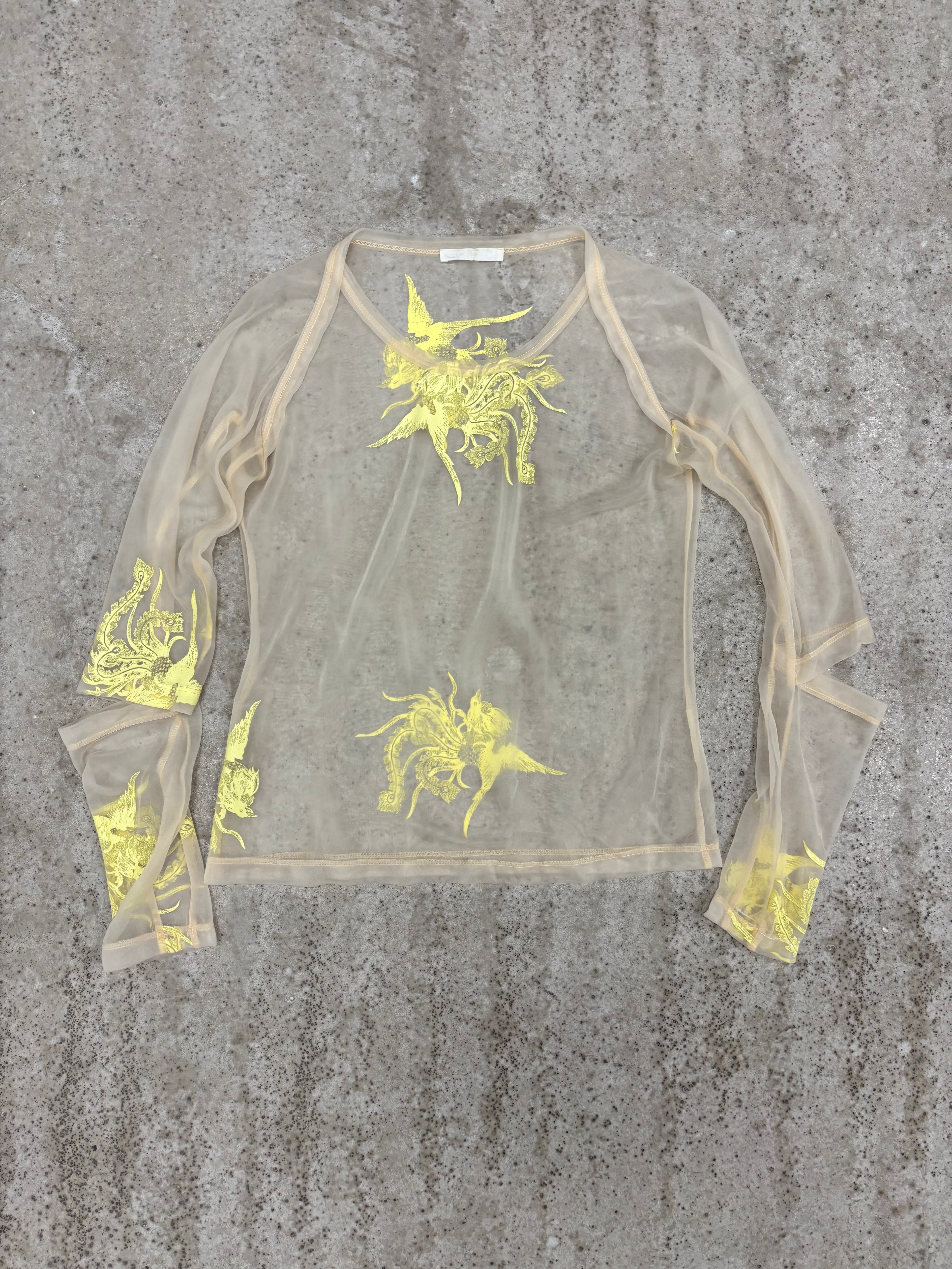 1995 Helmut Lang Phoenix Print Sheer Top with Slashed Elbows
