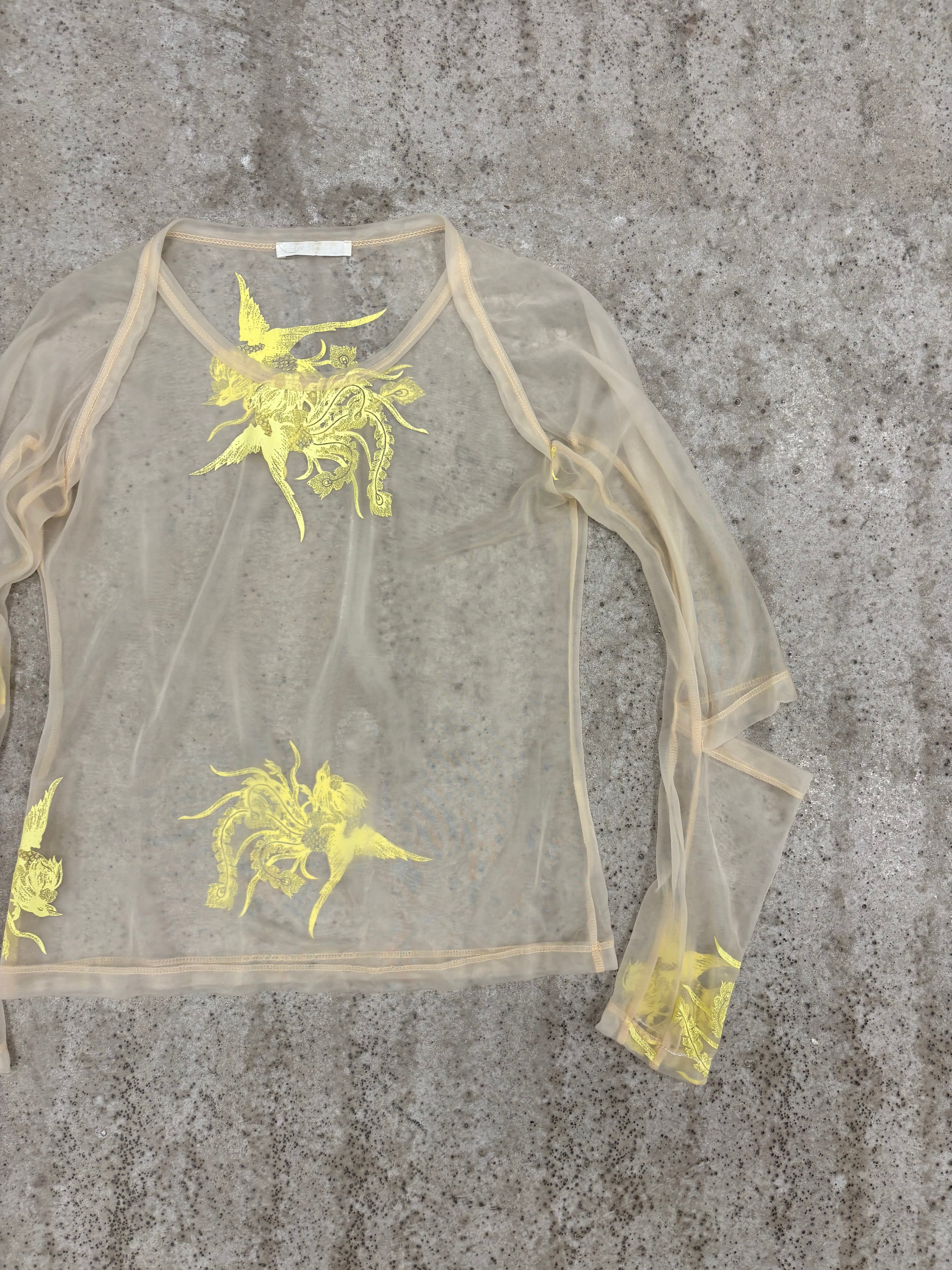 1995 Helmut Lang Phoenix Print Sheer Top with Slashed Elbows