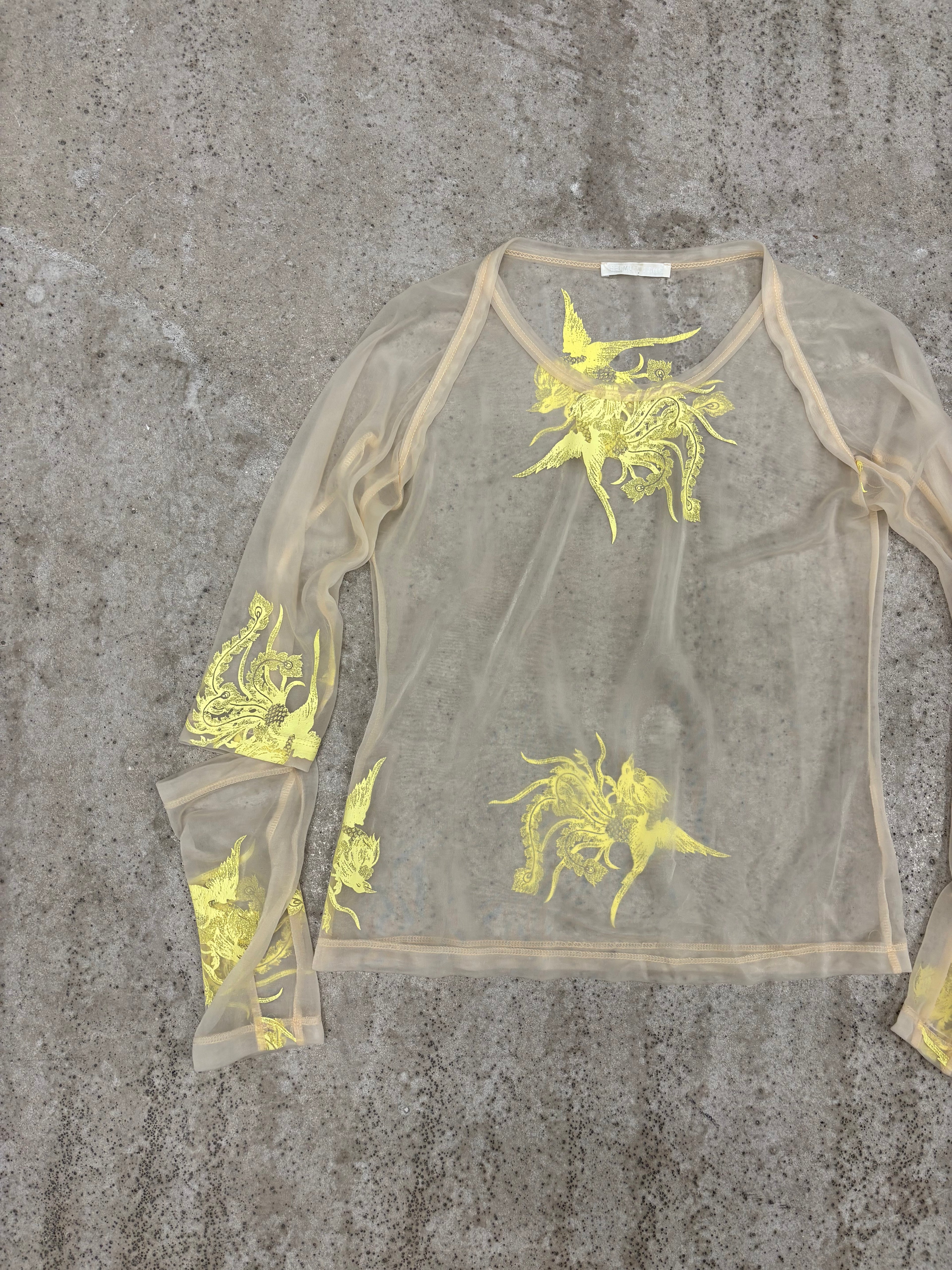 1995 Helmut Lang Phoenix Print Sheer Top with Slashed Elbows