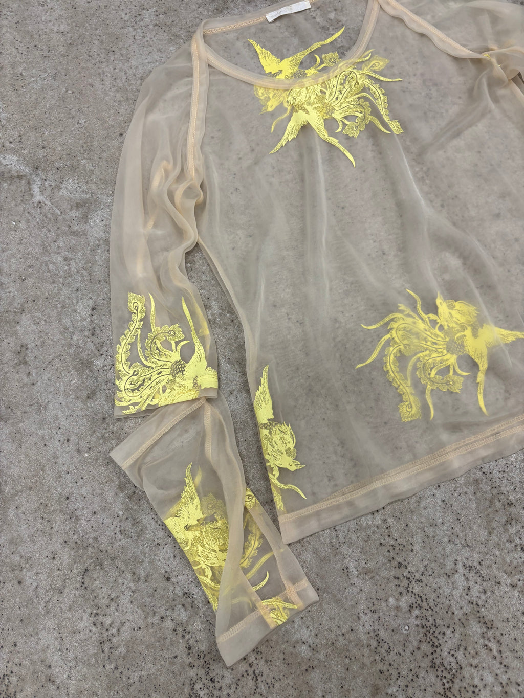 1995 Helmut Lang Phoenix Print Sheer Top with Slashed Elbows