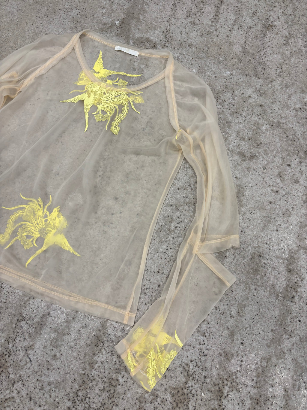 1995 Helmut Lang Phoenix Print Sheer Top with Slashed Elbows
