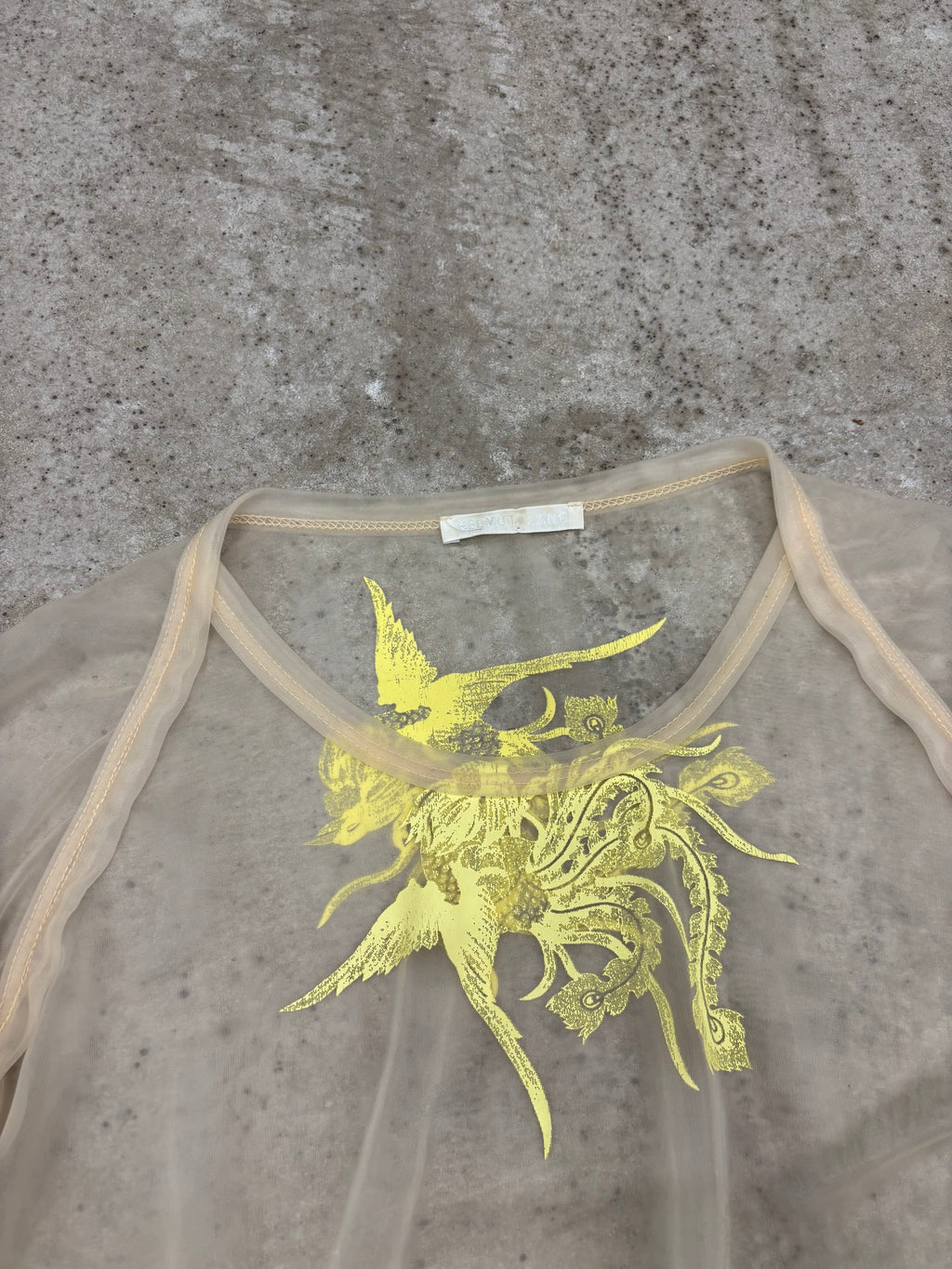 1995 Helmut Lang Phoenix Print Sheer Top with Slashed Elbows