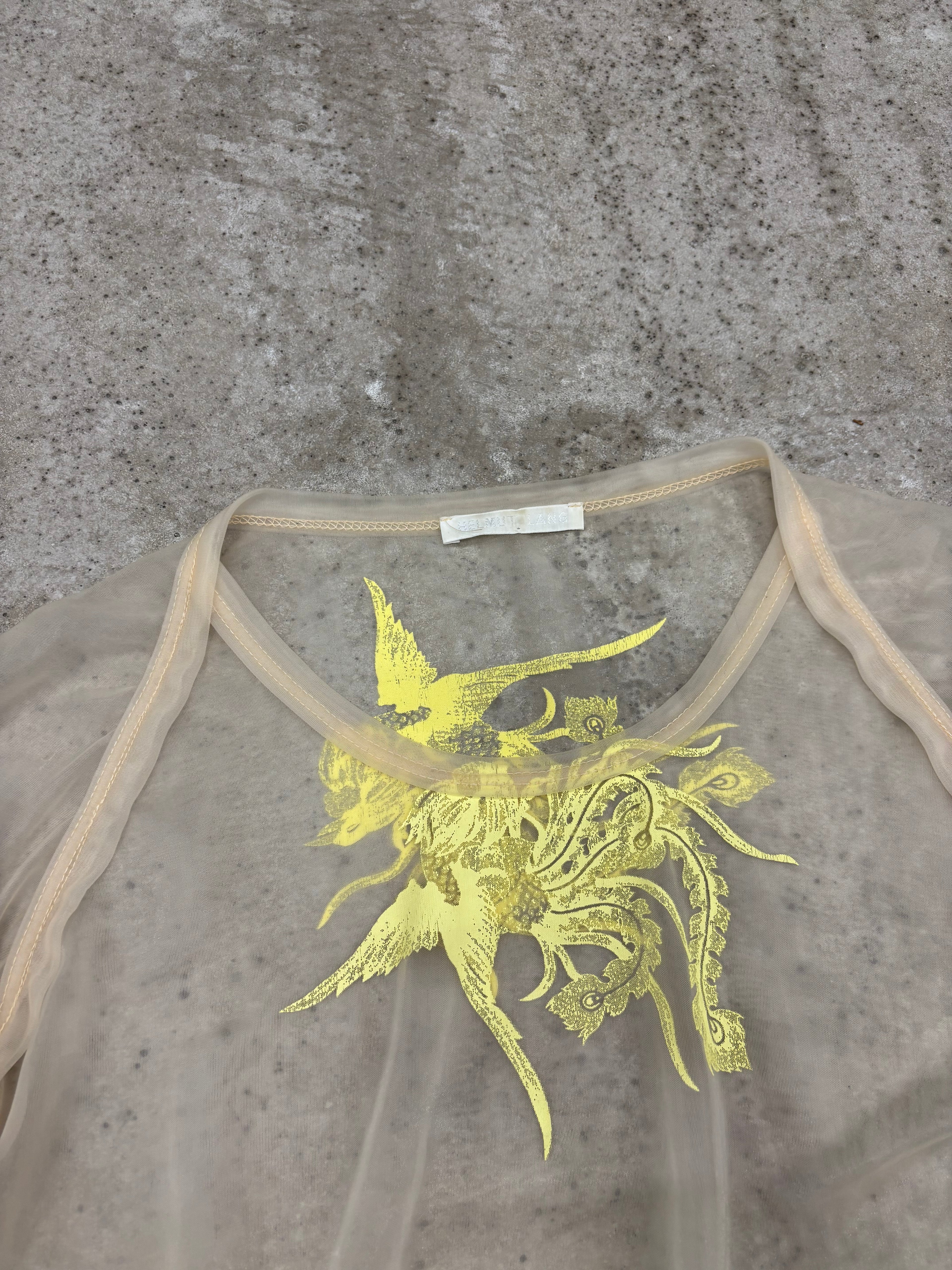 1995 Helmut Lang Phoenix Print Sheer Top with Slashed Elbows