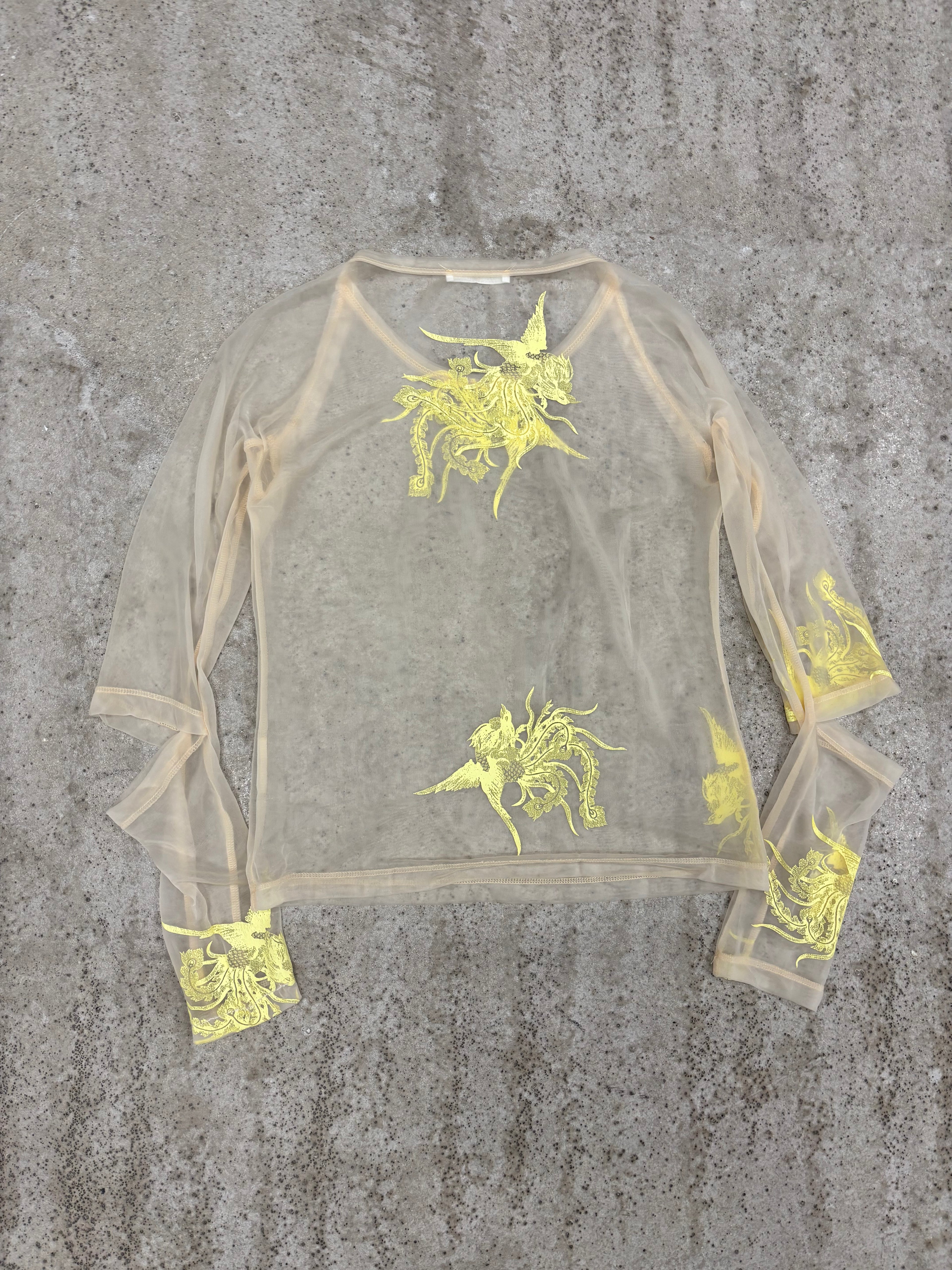 1995 Helmut Lang Phoenix Print Sheer Top with Slashed Elbows