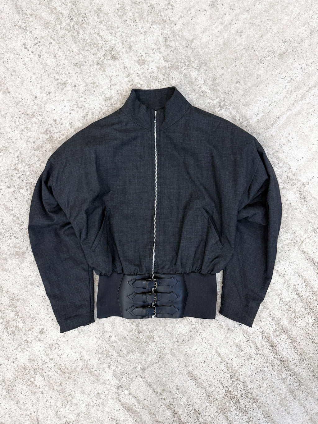 1980's Jean Paul Gaultier Homme pour Gibo Corseted Wool Jacket With Metal Buckles