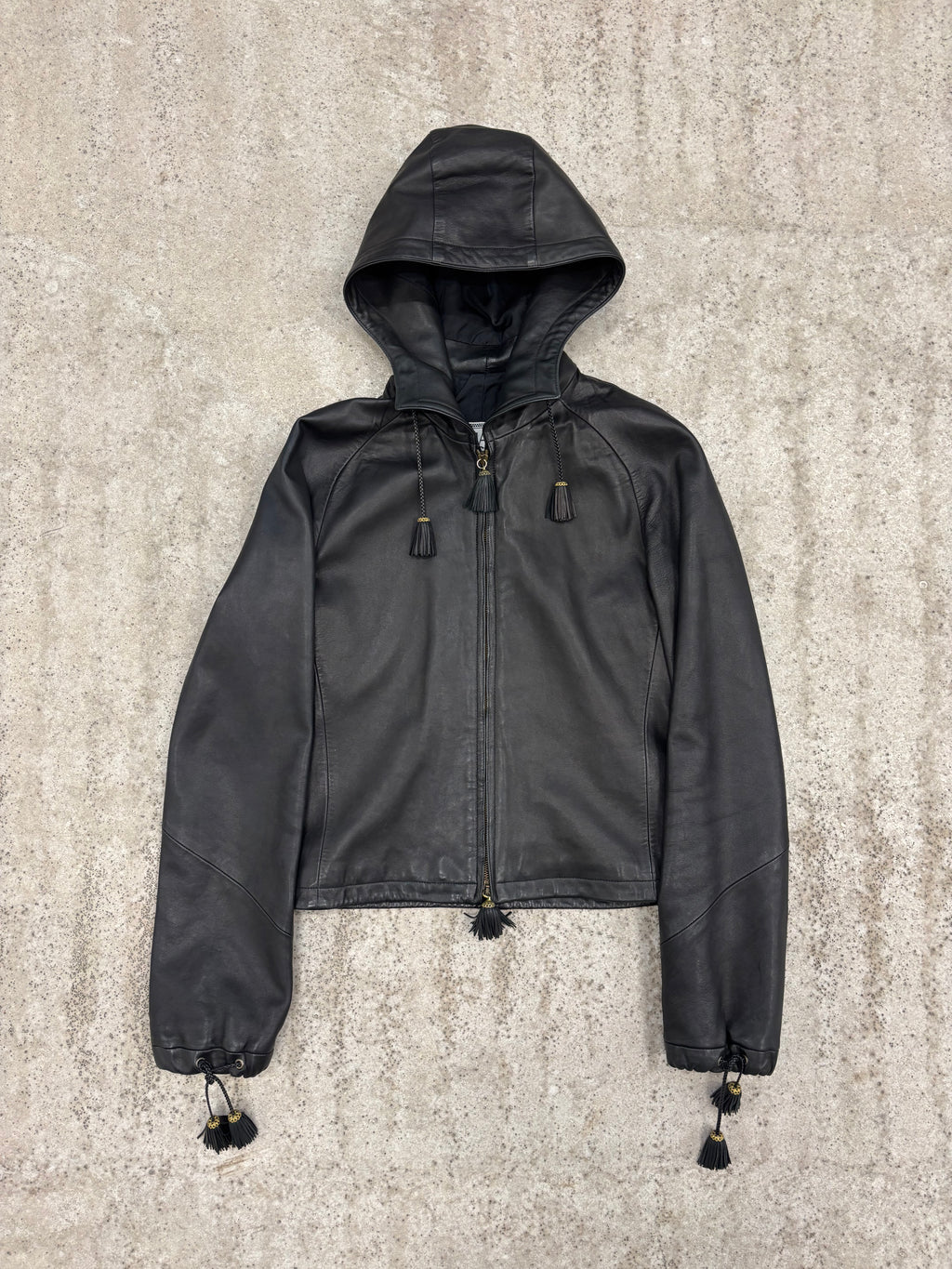 1990's Gianni Versace Cropped High-Neck Hooded Leather Jacket With Tassels Decoration