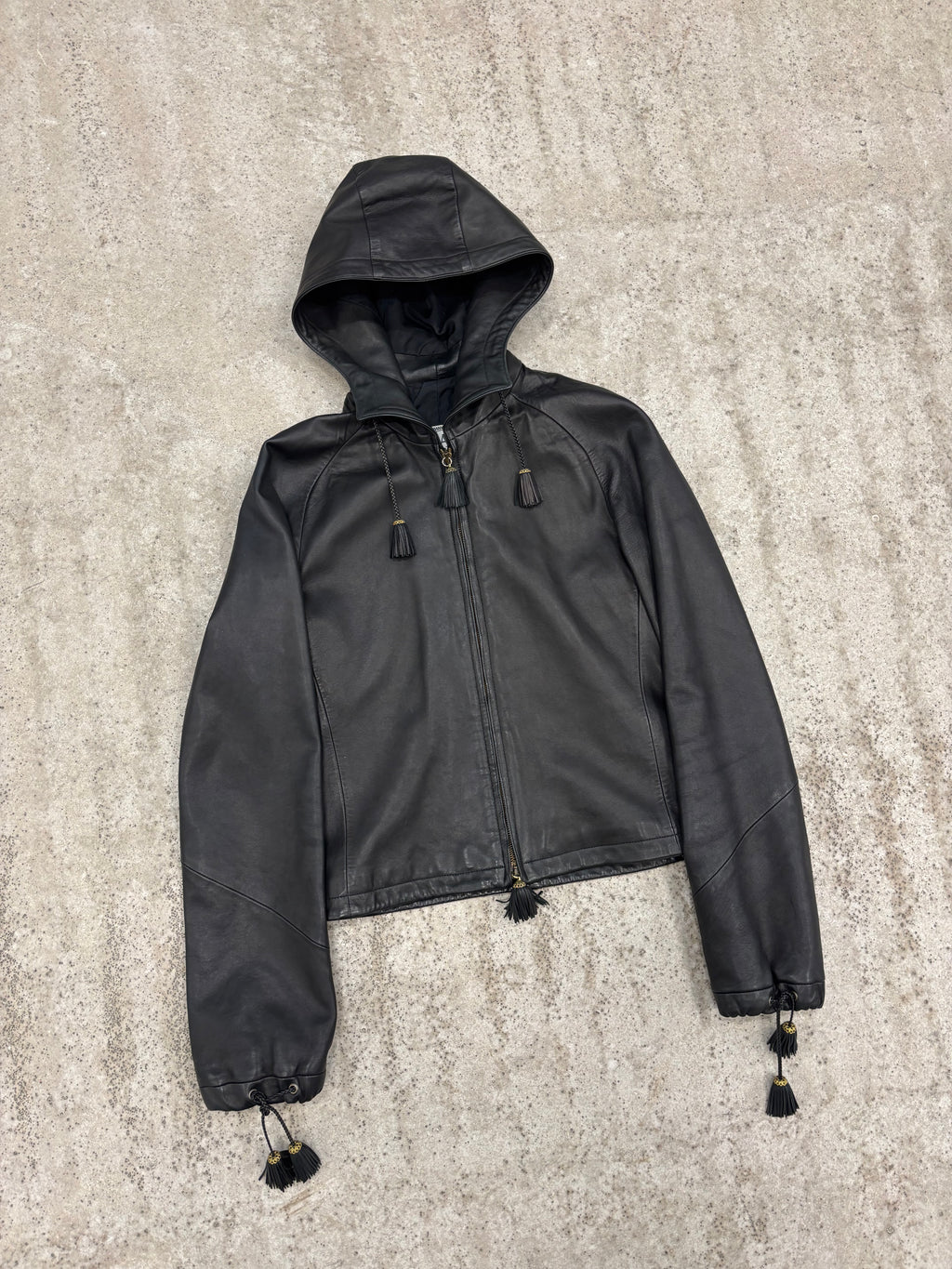 1990's Gianni Versace Cropped High-Neck Hooded Leather Jacket With Tassels Decoration