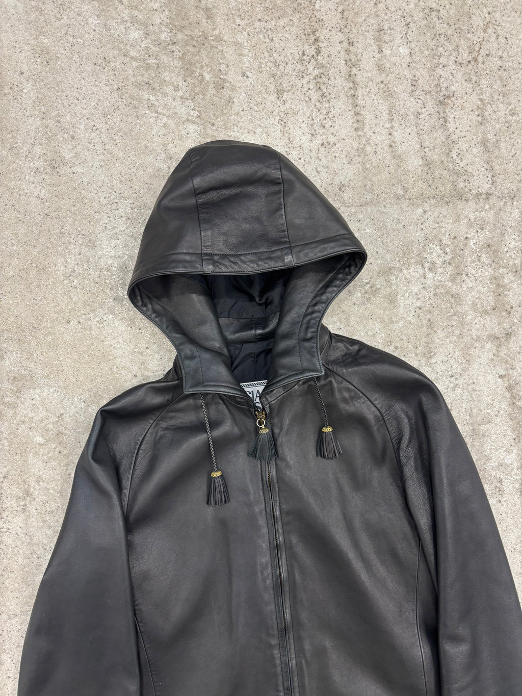 1990's Gianni Versace Cropped High-Neck Hooded Leather Jacket With Tassels Decoration