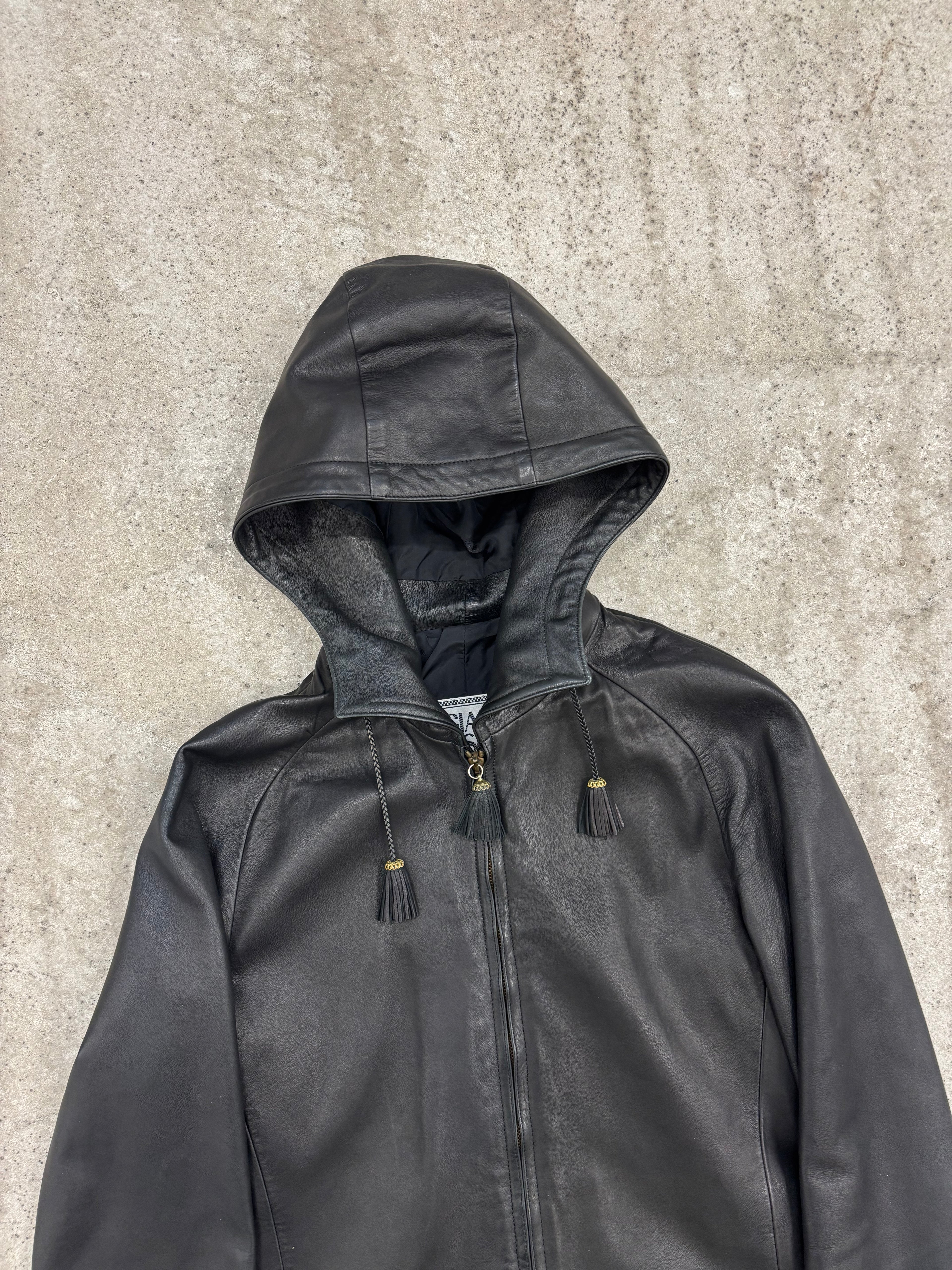 1990's Gianni Versace Cropped High-Neck Hooded Leather Jacket With Tassels Decoration