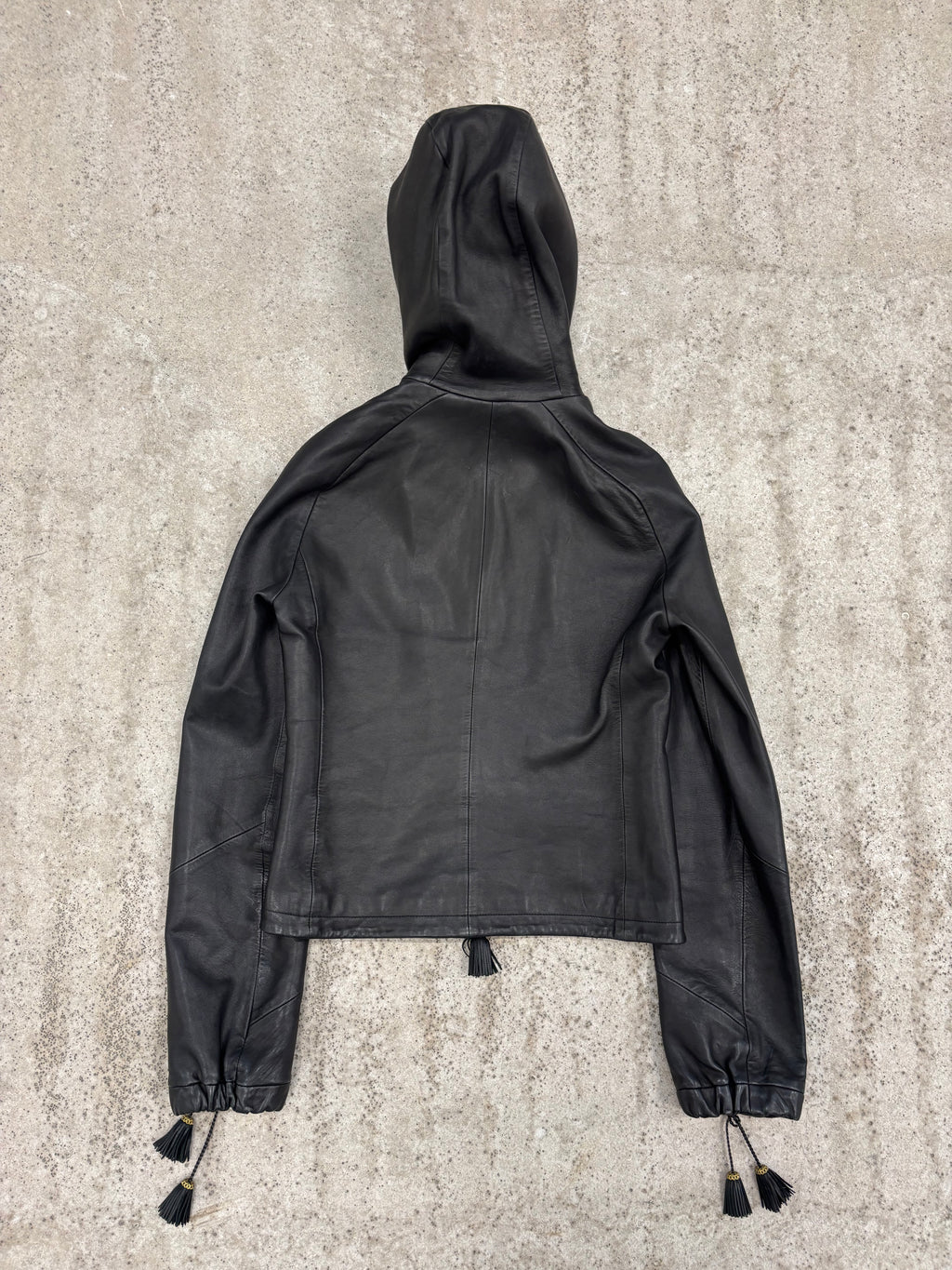 1990's Gianni Versace Cropped High-Neck Hooded Leather Jacket With Tassels Decoration