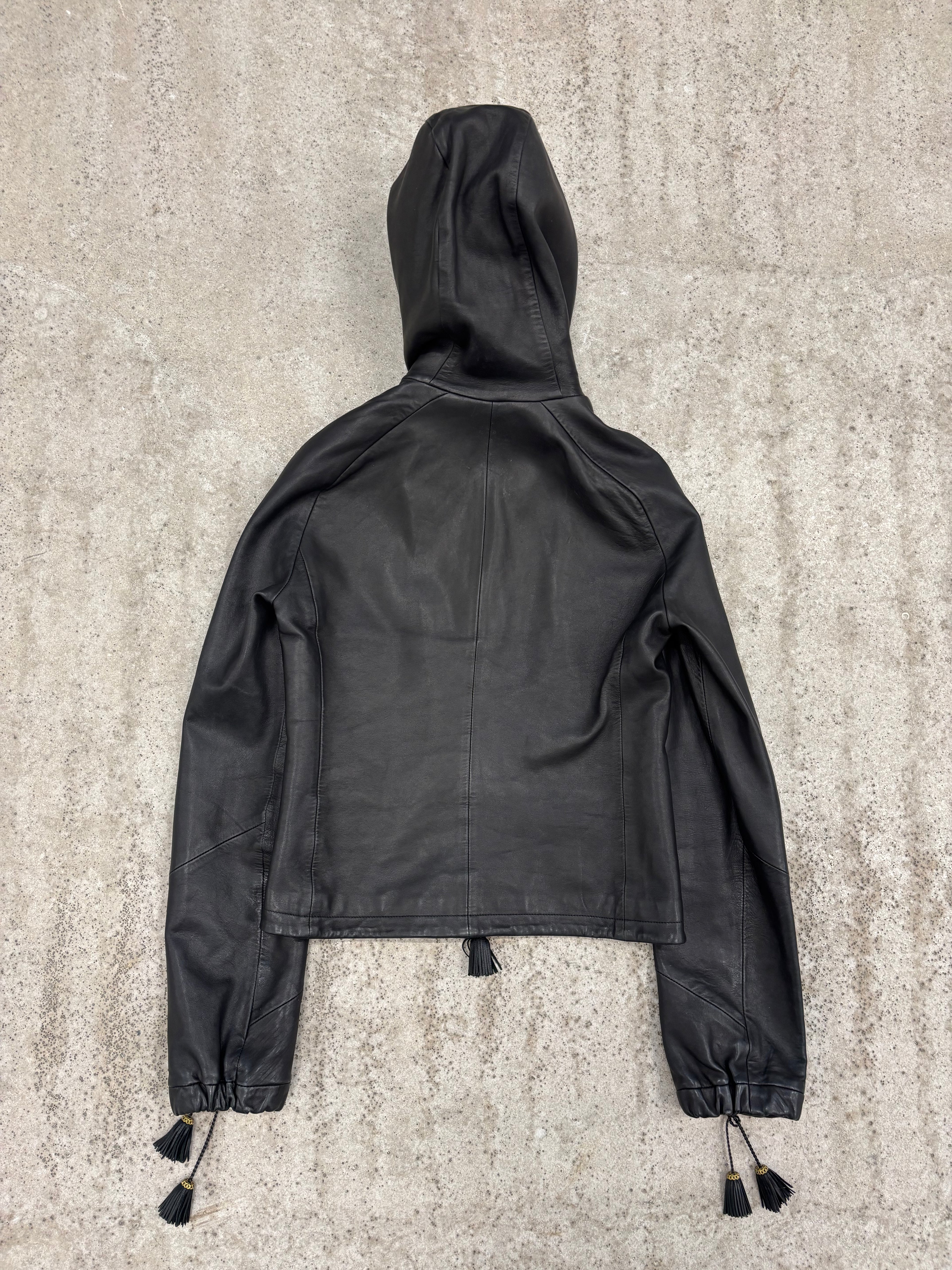 1990's Gianni Versace Cropped High-Neck Hooded Leather Jacket With Tassels Decoration
